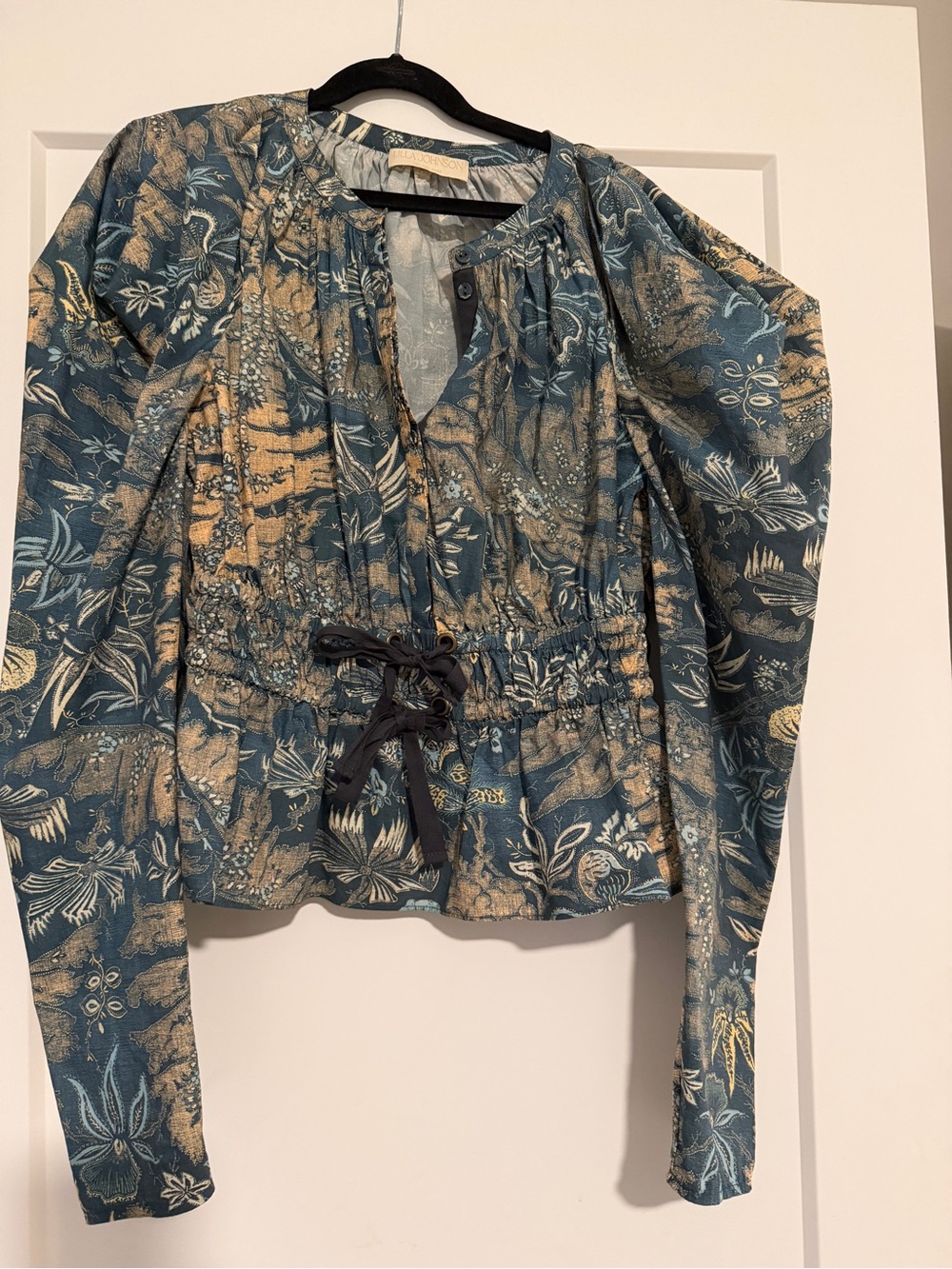 Ulla Johnson Teal and Beige Floral-Print Long-Sleeve Peasant Blouse